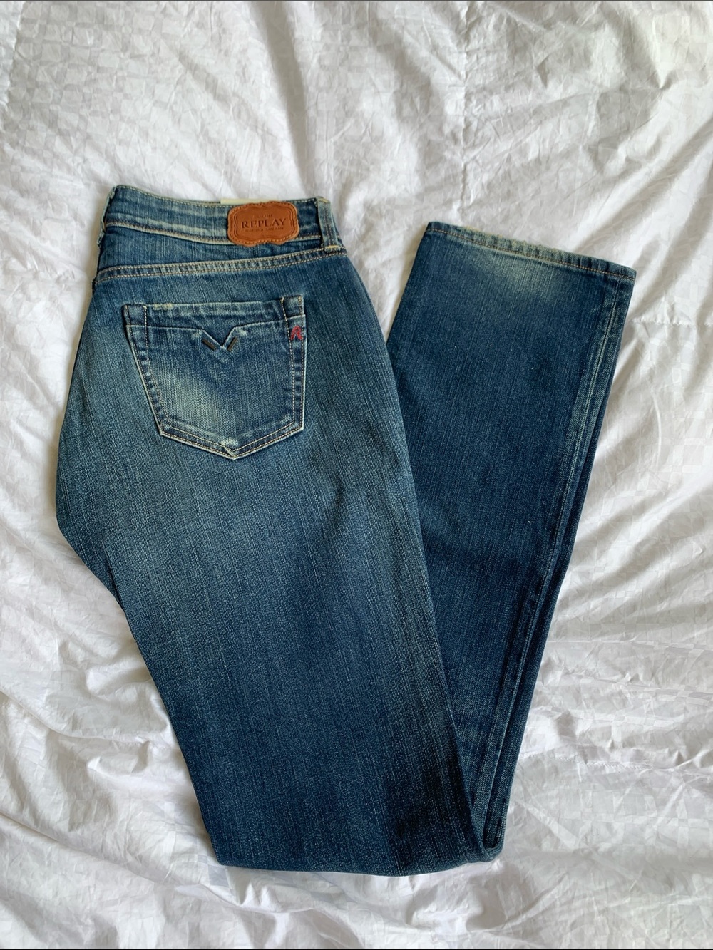 Replay Women’s Blue Boot-Cut Jeans with Leather Patch